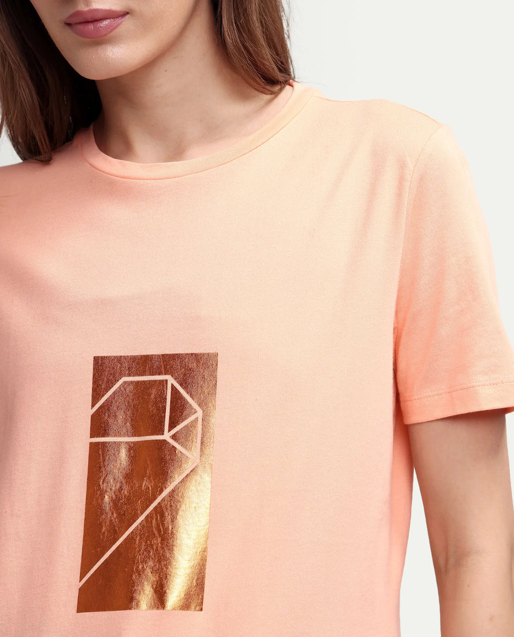 Rareism Women's Gulf Peach Cotton Crew Neck Graphic Print Regular Fit T-Shirt