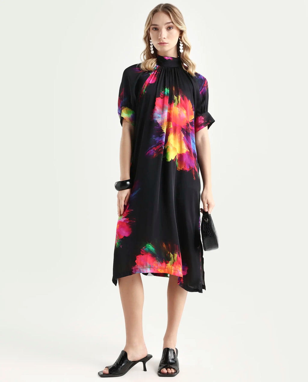 Rareism Women's Jovi Black Modal Blend High Neck Abstract Print Knee Length Regular Fit Dress