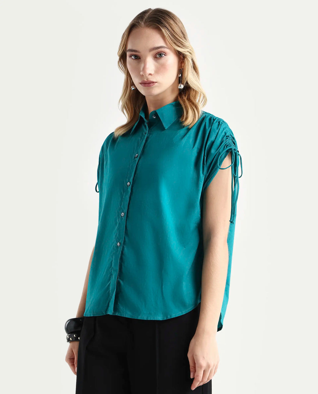Rareism Women's Tamara Petrol Cotton Spread Collar Plain Regular Fit Top