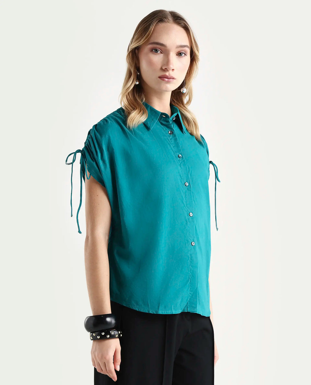 Rareism Women's Tamara Petrol Cotton Spread Collar Plain Regular Fit Top