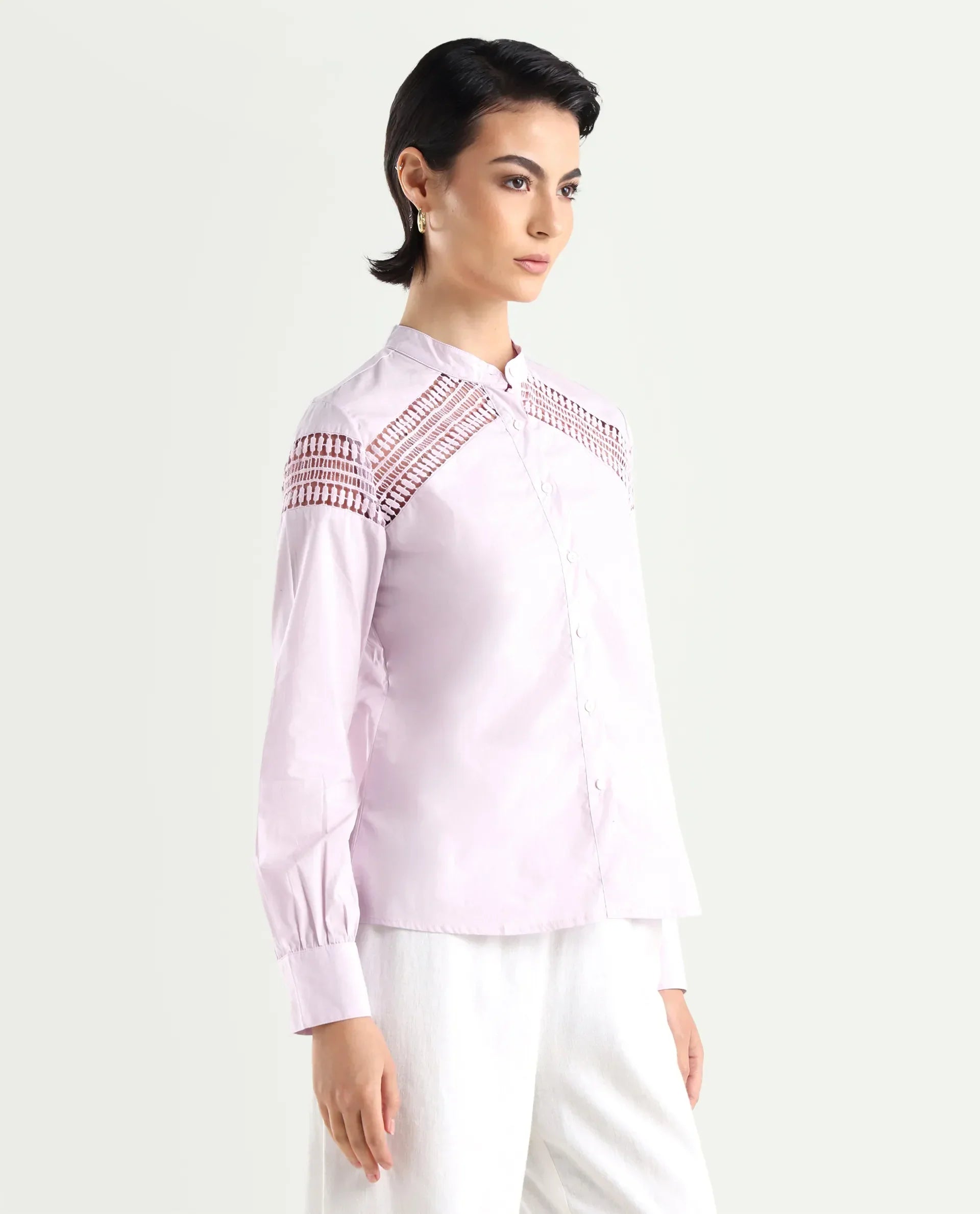 Rareism Women's Zoom Purple Cotton Mandarin Collar Plain Regular Fit Top