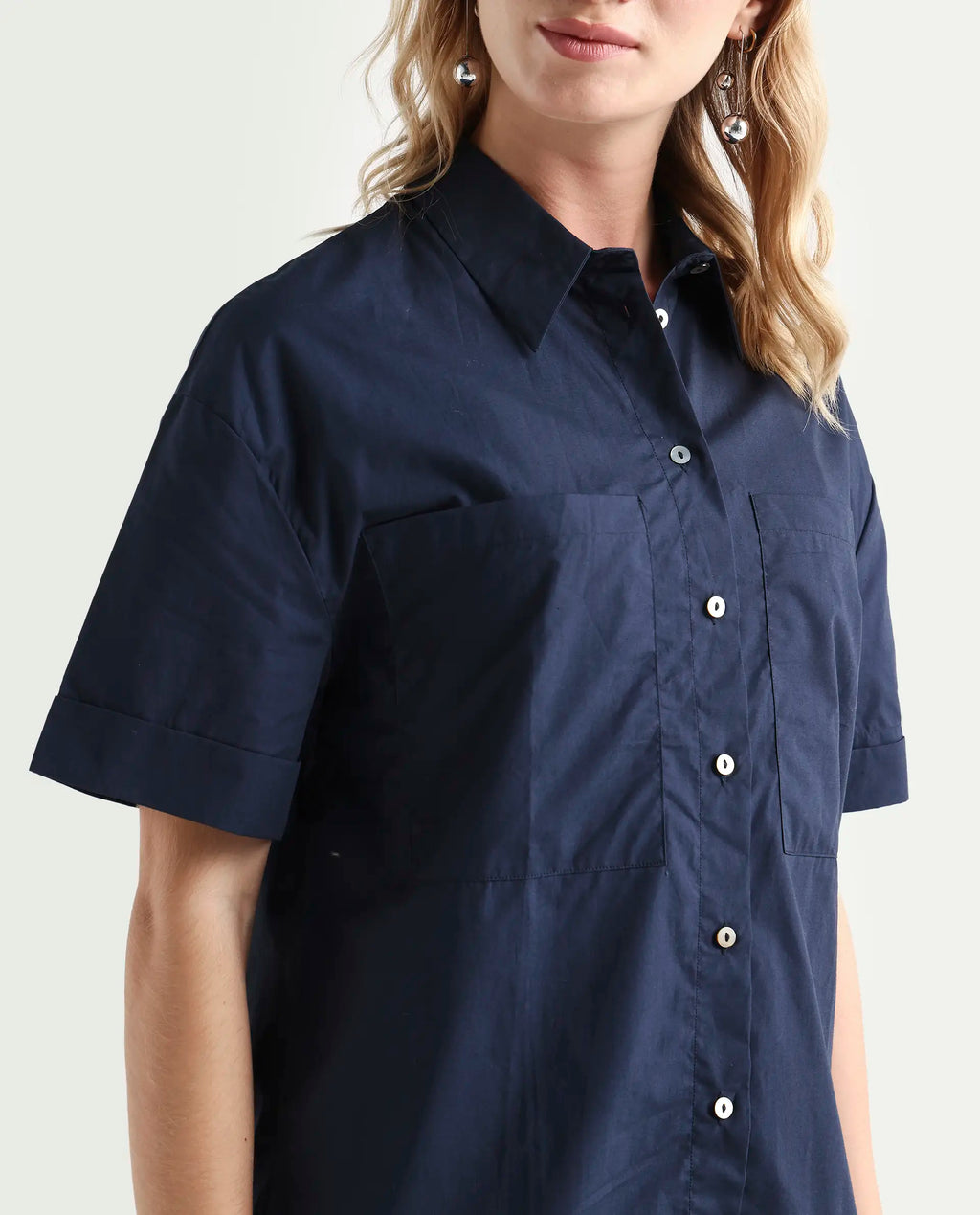 Rareism Women's Vesh Navy Cotton Spread Collar Plain Regular Fit Top