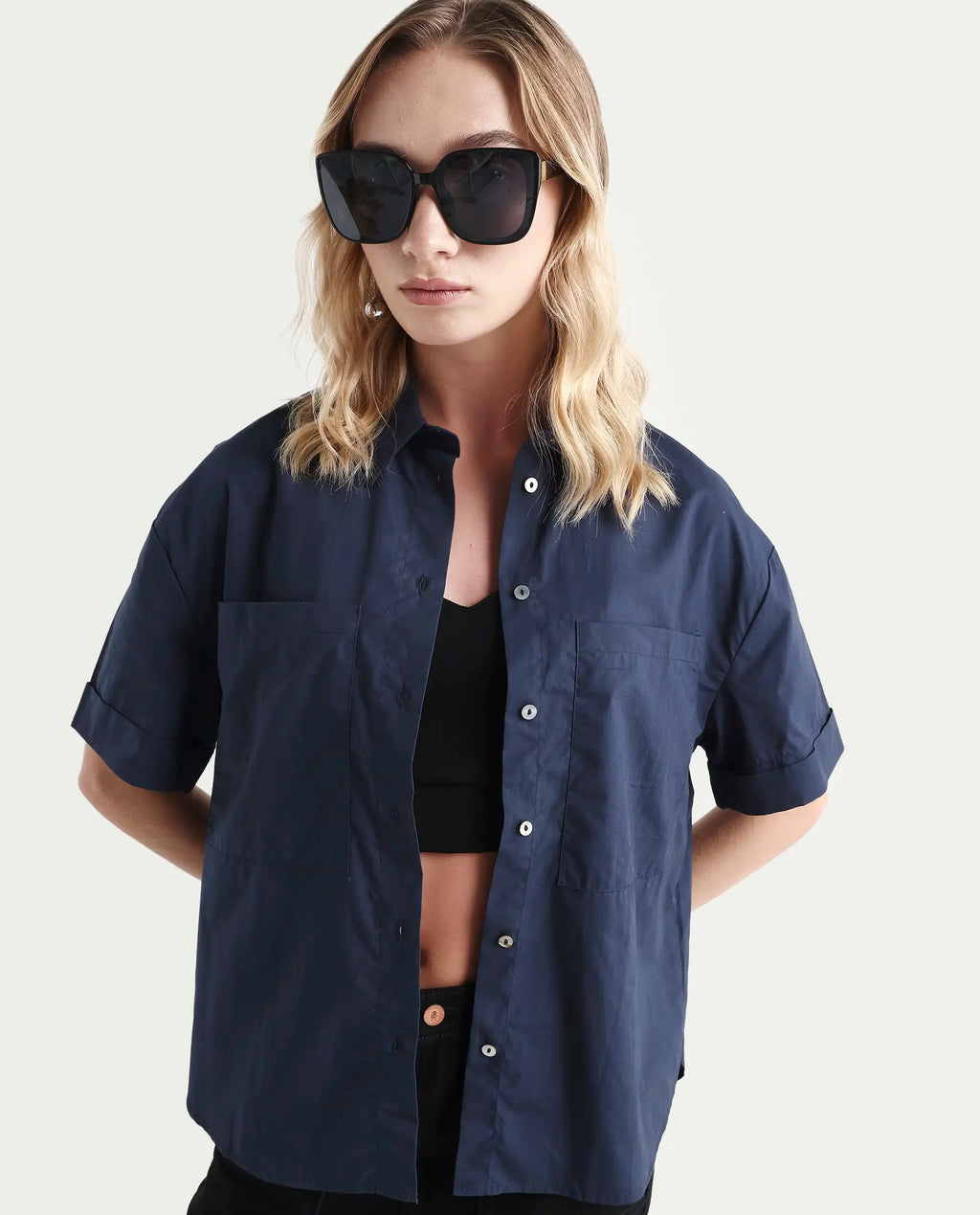 Rareism Women's Vesh Navy Cotton Spread Collar Plain Regular Fit Top