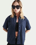 Rareism Women's Vesh Navy Cotton Spread Collar Plain Regular Fit Top