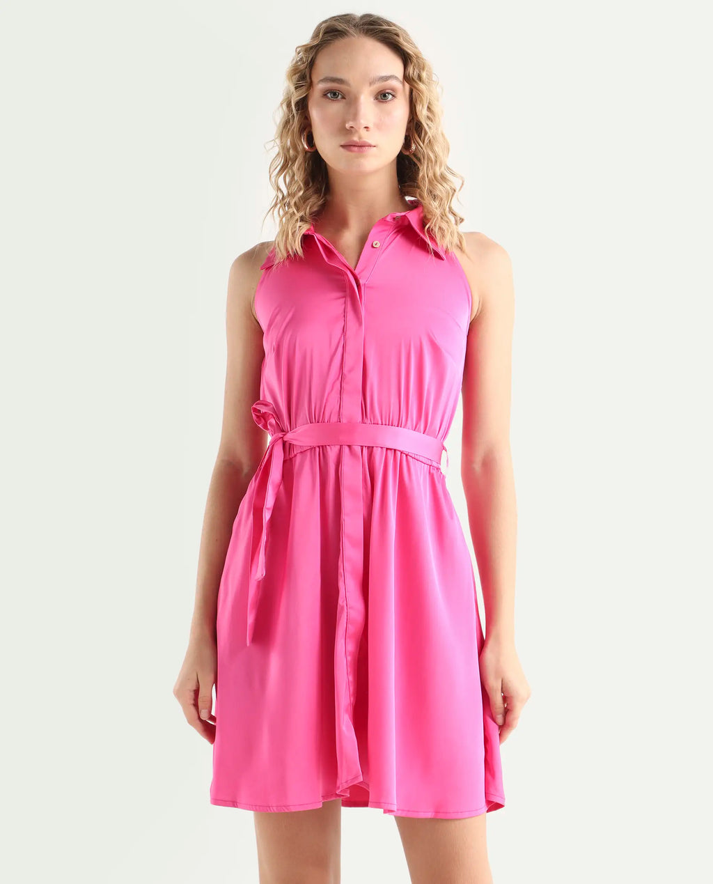 Rareism Women's Sulphur Pink Modal Blend Halter Neck Plain Sleeveless Mini Regular Fit Dress
