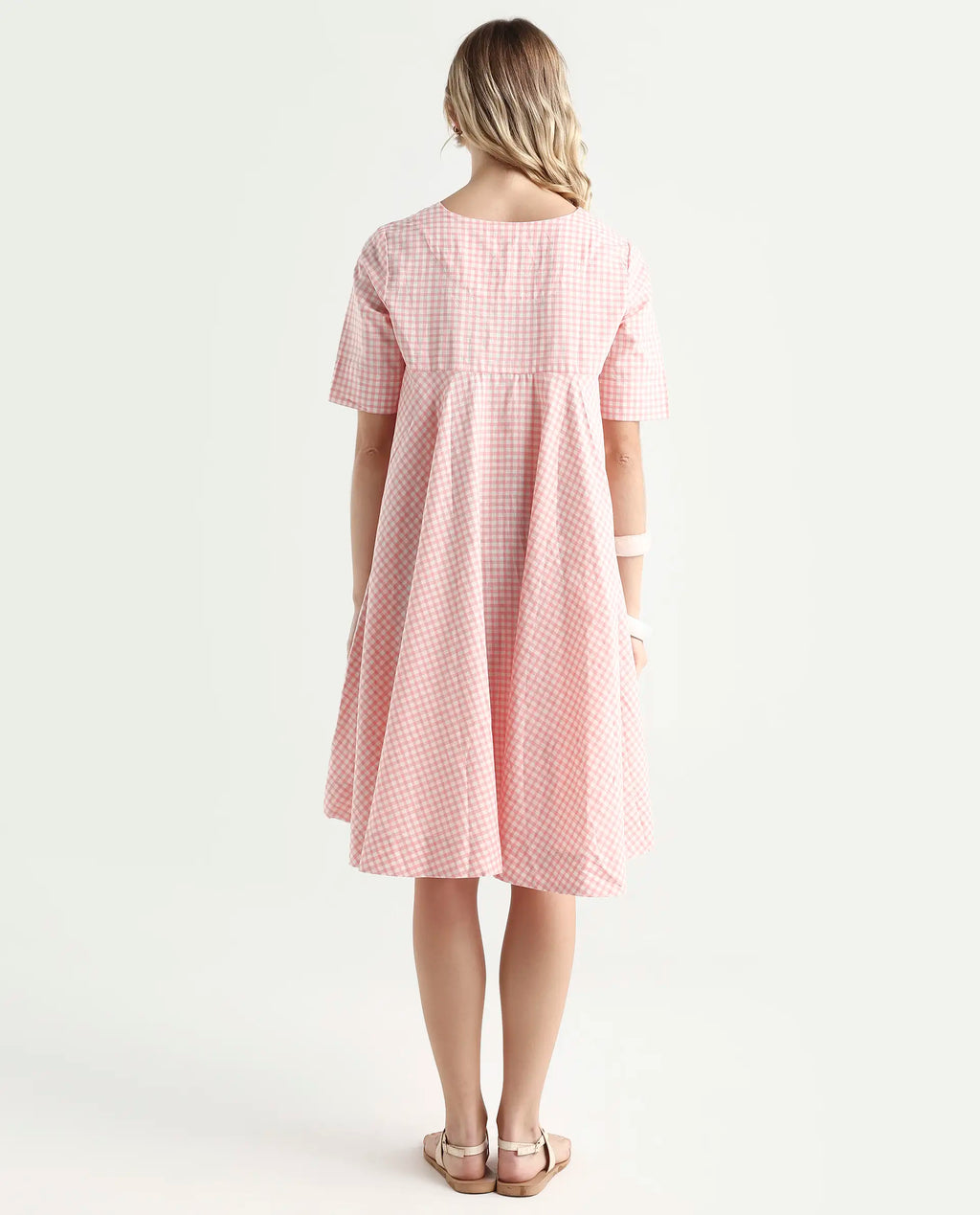 Rareism Women's Omni Peach Lapel Neck Checked Knee Length Regular Fit Dress