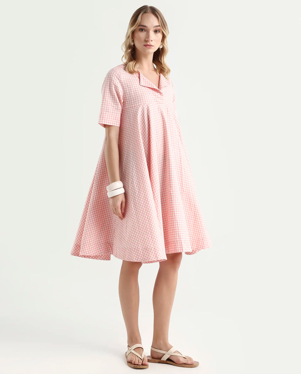 Rareism Women's Omni Peach Lapel Neck Checked Knee Length Regular Fit Dress