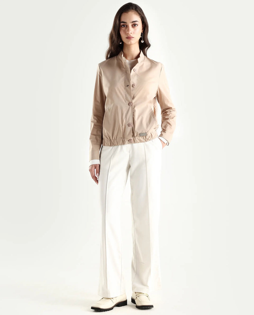 Rareism Women's Aomori Beige Polyester Blend Mandarin Collar Plain Regular Fit Jacket