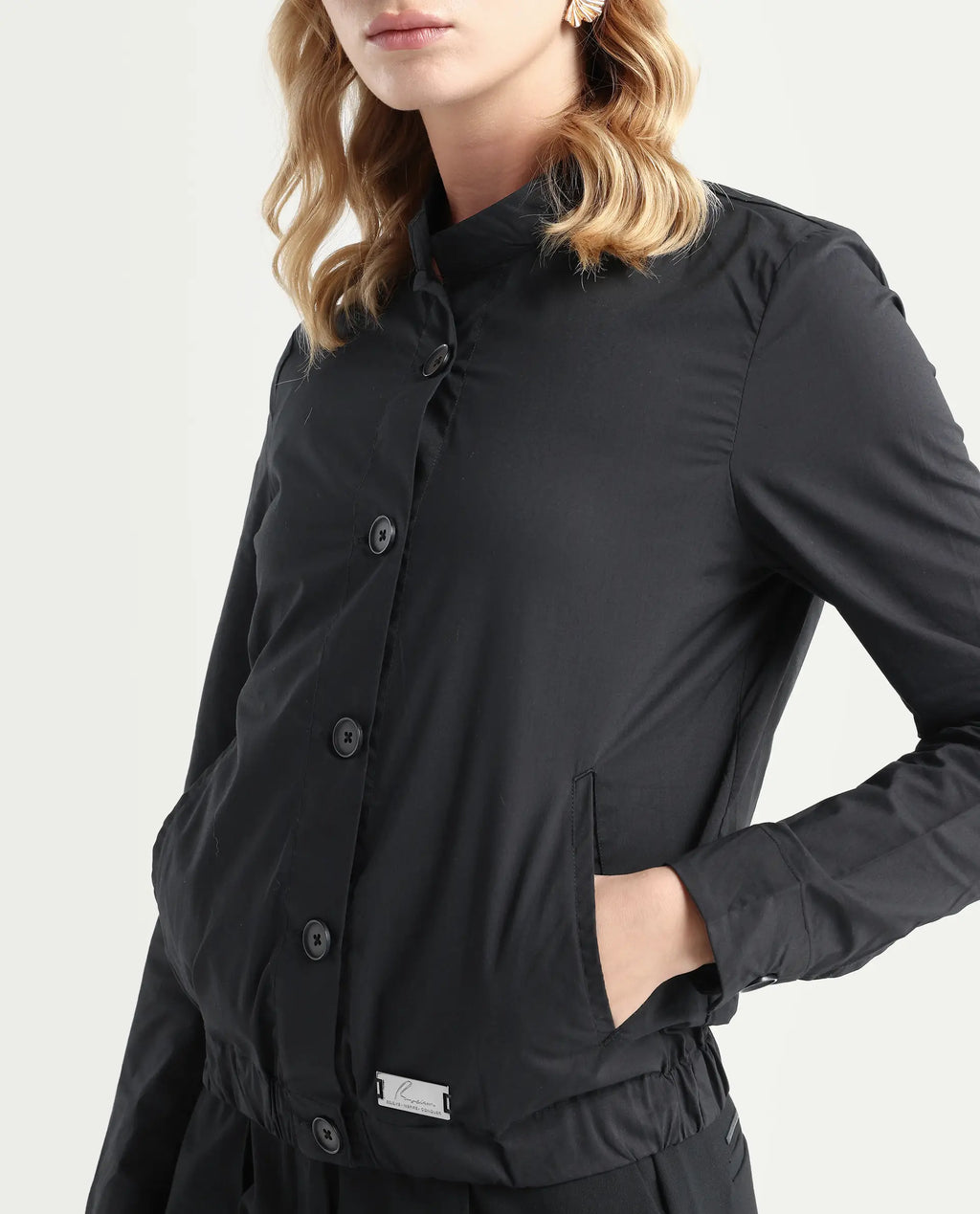 Rareism Women's Aomori Black Polyester Blend Mandarin Collar Plain Regular Fit Jacket