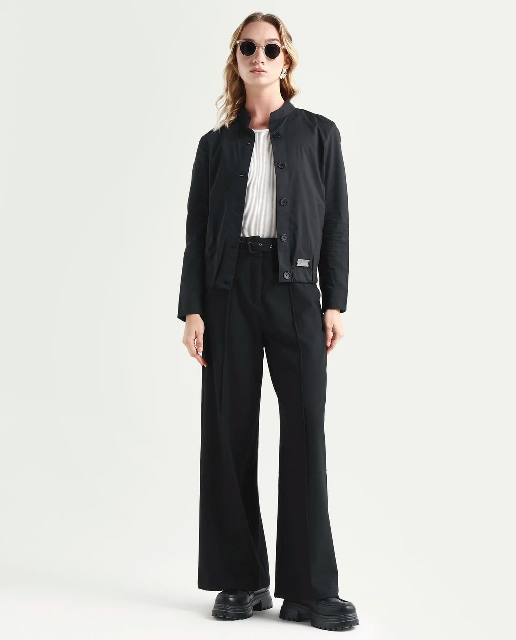 Rareism Women's Aomori Black Polyester Blend Mandarin Collar Plain Regular Fit Jacket
