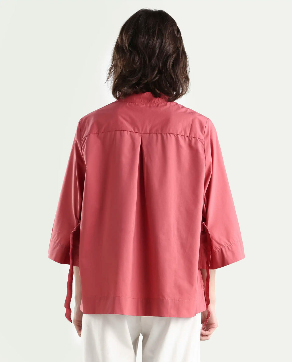 Rareism Women's Sendai Red Mandarin Collar Plain Knee Length Regular Fit Top