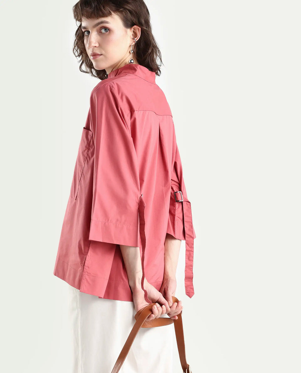 Rareism Women's Sendai Red Mandarin Collar Plain Knee Length Regular Fit Top