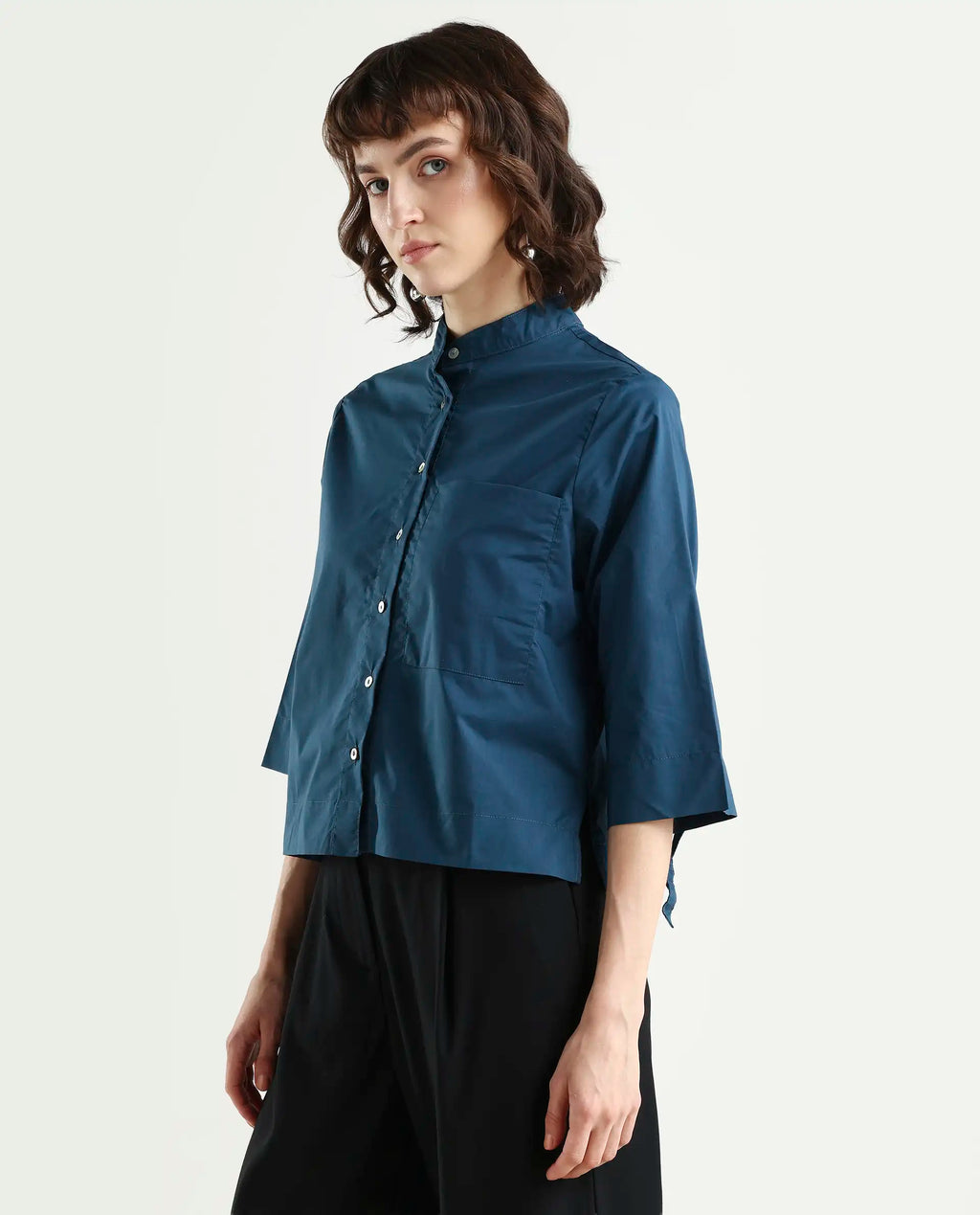 Rareism Women's Sendai Petrol Mandarin Collar Plain Knee Length Regular Fit Top