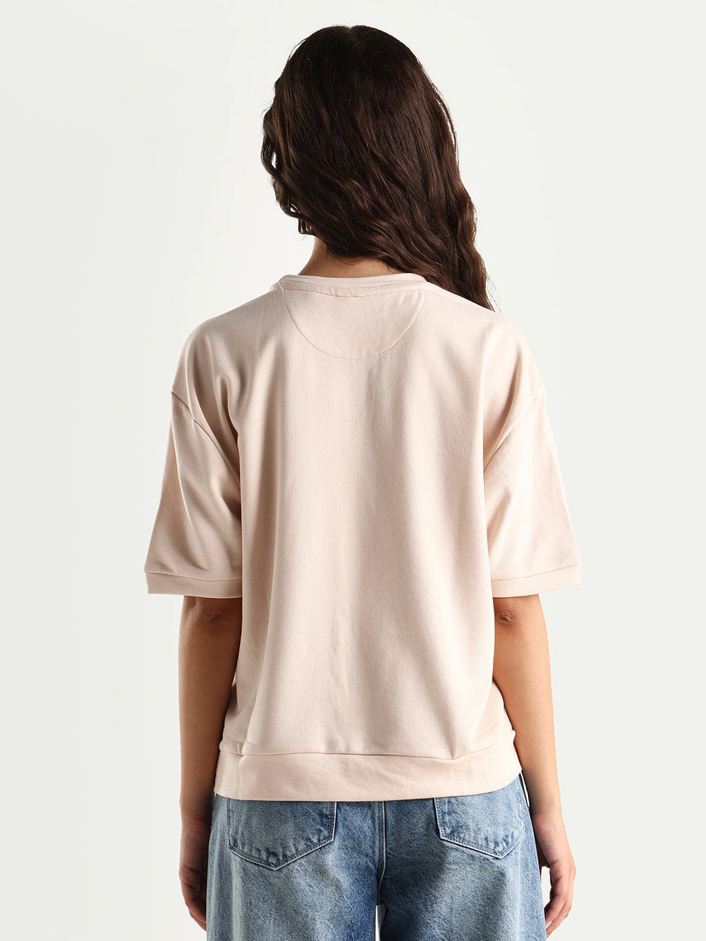 Rareism Women's Medium Weight Terry 290 Gsm Cotton Crew Neck Plain Relaxed Fit Sweat Tee