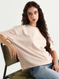 Rareism Women's Medium Weight Terry 290 Gsm Cotton Crew Neck Plain Relaxed Fit Sweat Tee