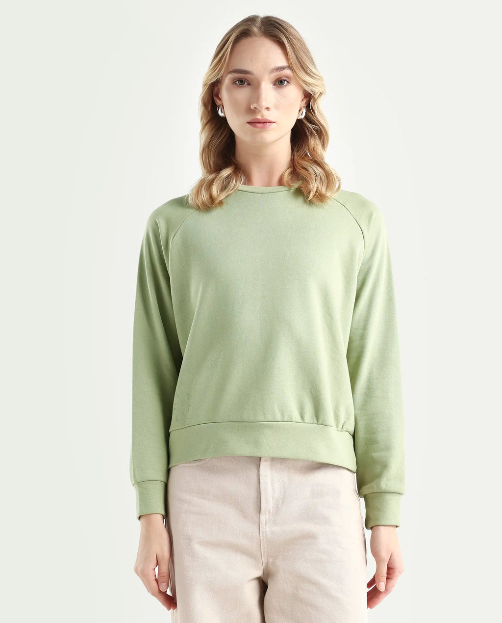 Rareism Women's Medium Weight Terry 290 Gsm Cotton Blend Crew Neck Plain Cuffed Sleeve Relaxed Fit Sweatshirt