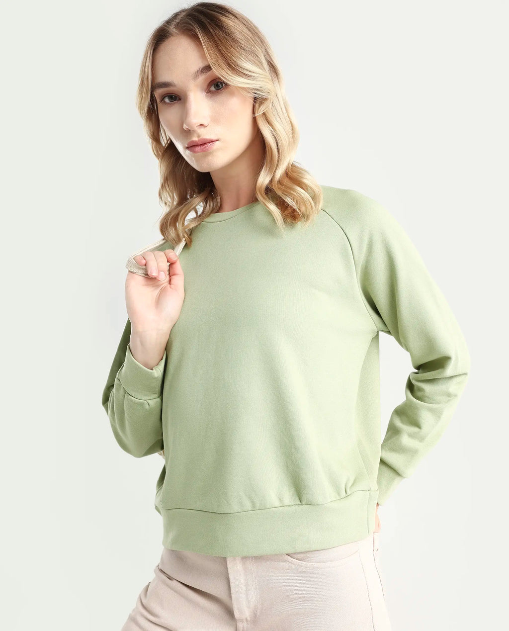 Rareism Women's Medium Weight Terry 290 Gsm Cotton Blend Crew Neck Plain Cuffed Sleeve Relaxed Fit Sweatshirt
