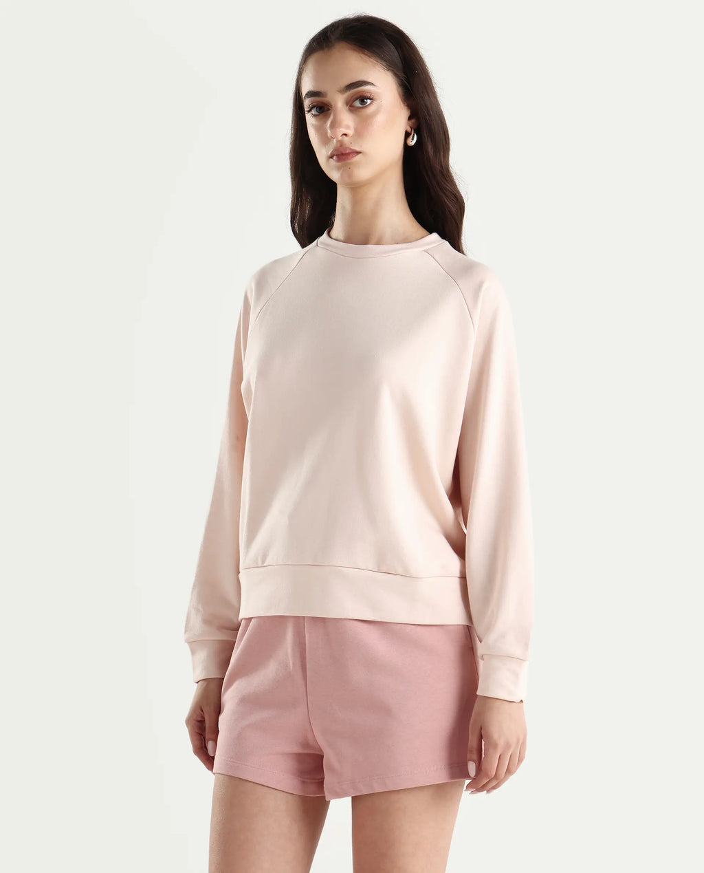Rareism Women's Medium Weight Terry 290 Gsm Cotton Blend Crew Neck Plain Cuffed Sleeve Relaxed Fit Sweatshirt