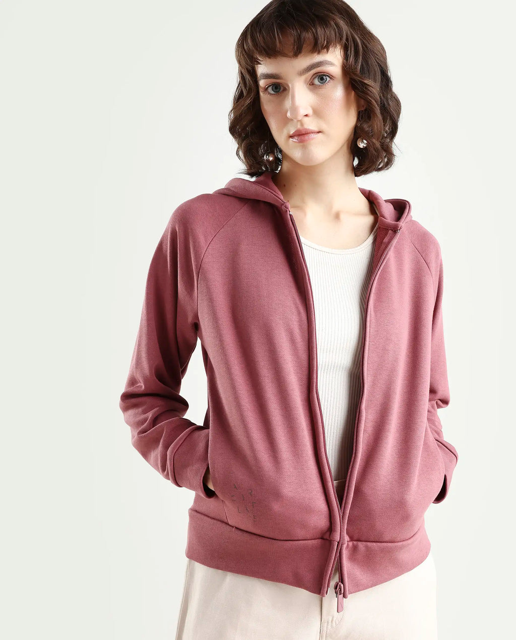 Rareism Women's Medium Weight Terry 290 Gsm Cotton Blend Hooded Plain Regular Fit Jacket