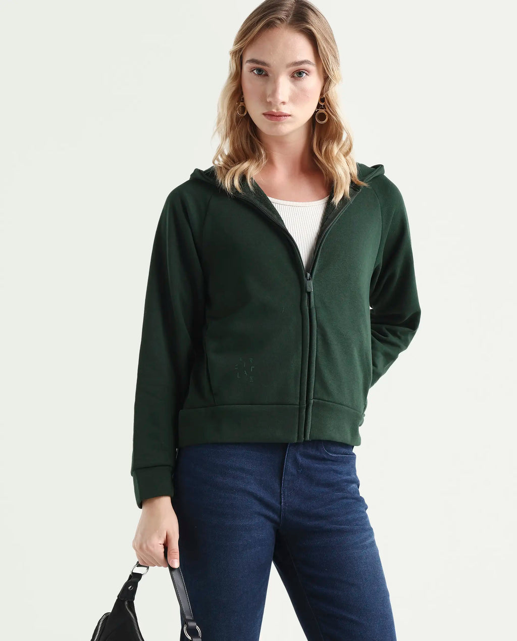 Rareism Women's Medium Weight Terry 290 Gsm Cotton Blend Hooded Plain Regular Fit Jacket