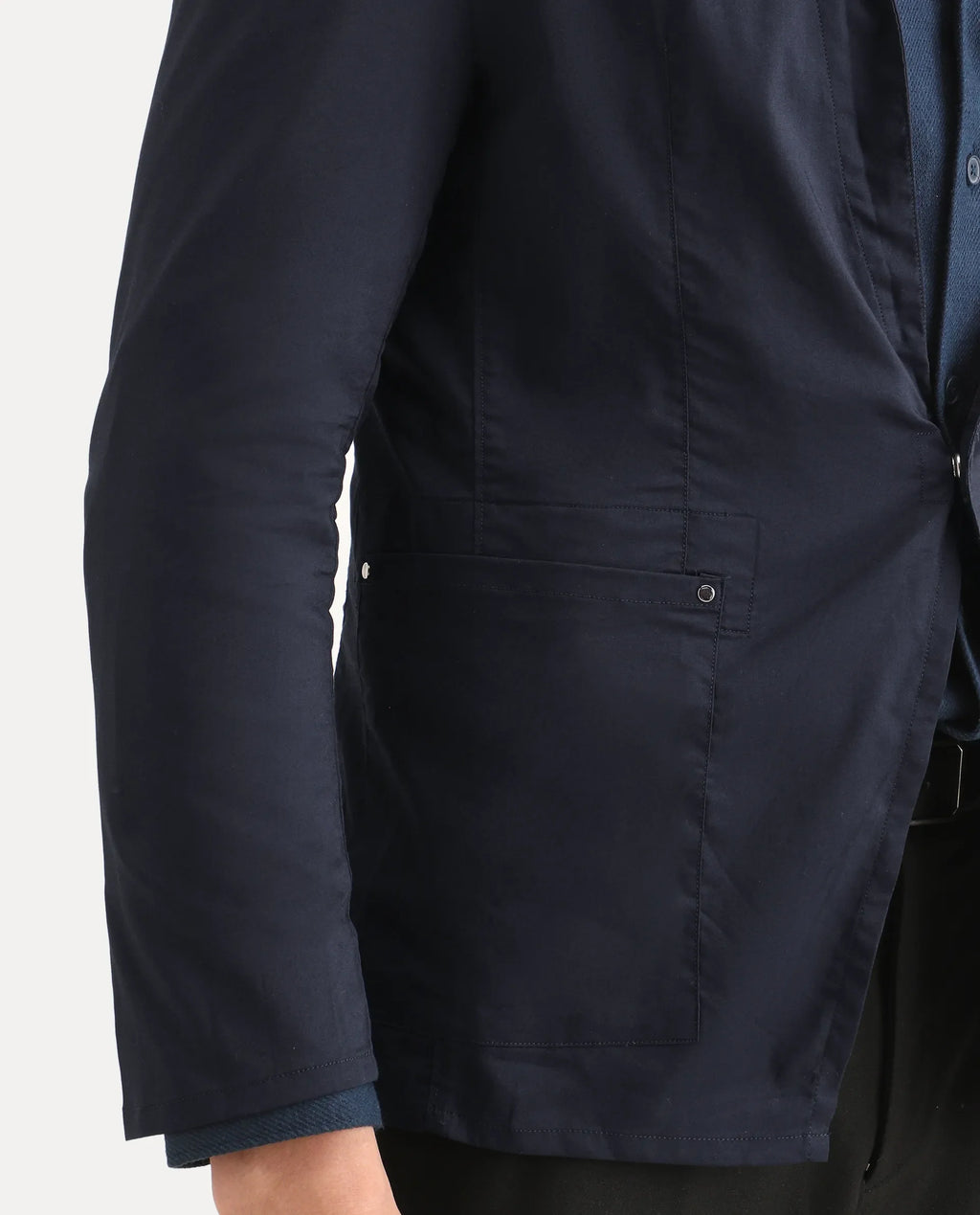 Rare Rabbit Men's Glaze Navy Cotton Blend Plain Regular Fit Full Sleeve Lapel Neck Jacket