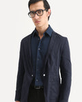 Rare Rabbit Men's Glaze Navy Cotton Blend Plain Regular Fit Full Sleeve Lapel Neck Jacket