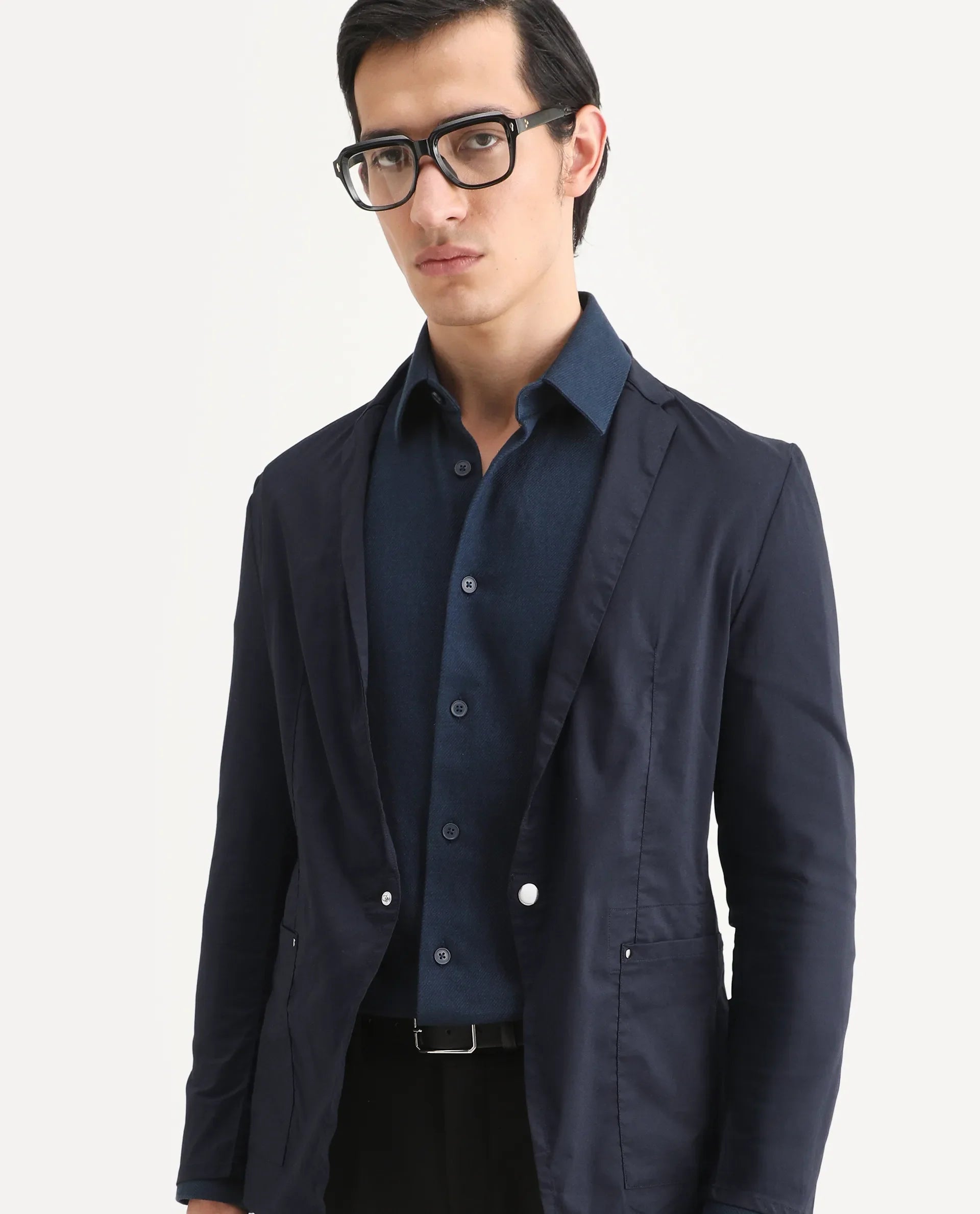 Rare Rabbit Men's Glaze Navy Cotton Blend Plain Regular Fit Full Sleeve Lapel Neck Jacket