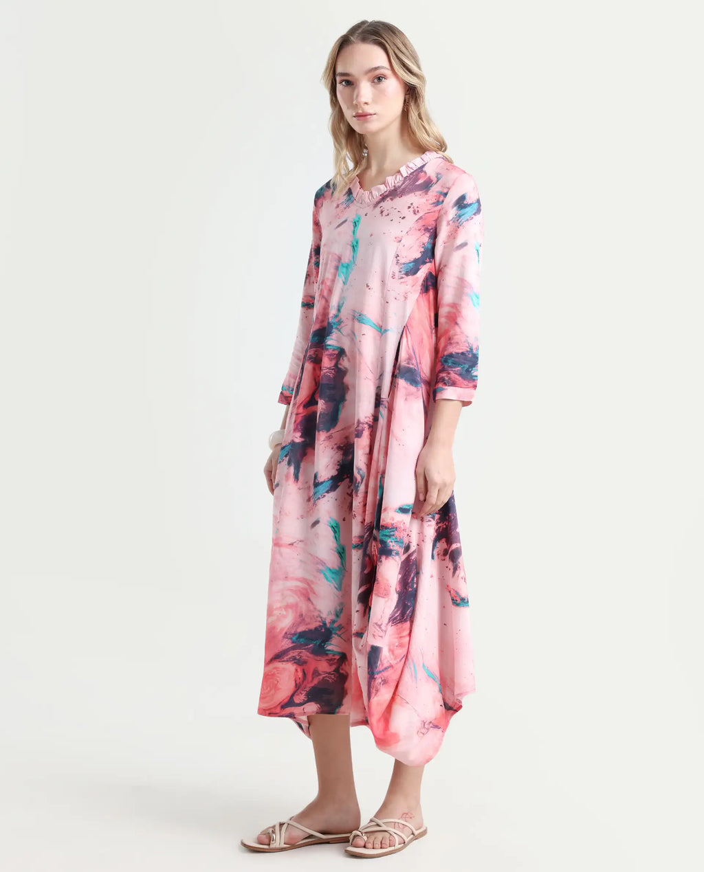 Rareism Women's Park Multi Viscose V-Neck Abstract Print Knee Length Regular Fit Dress