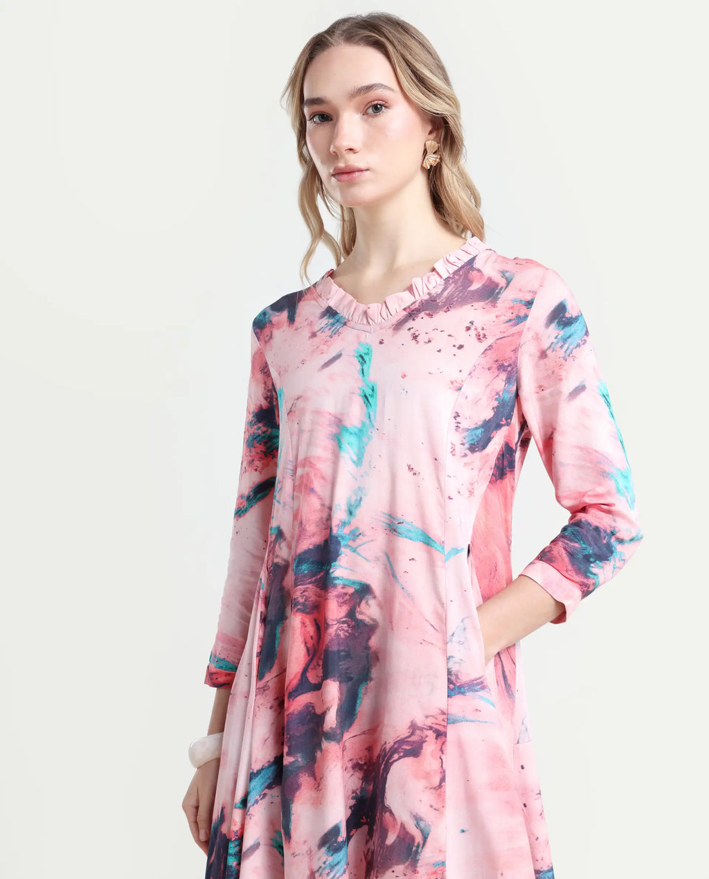 Rareism Women's Park Multi Viscose V-Neck Abstract Print Knee Length Regular Fit Dress