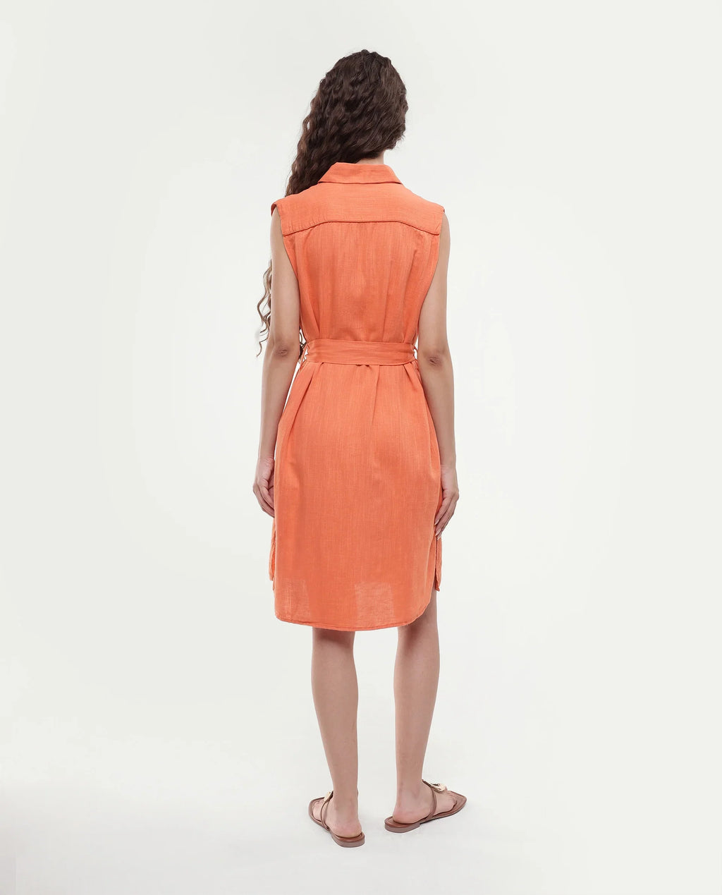 Rareism Women's Zolaa Orange Linen Spread Collar Plain Sleeveless Mini Regular Fit Dress