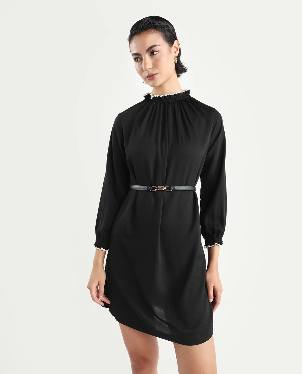 Rareism Women's Spoke Black Polyester Crew Neck Plain Knee Length Relaxed Fit Dress