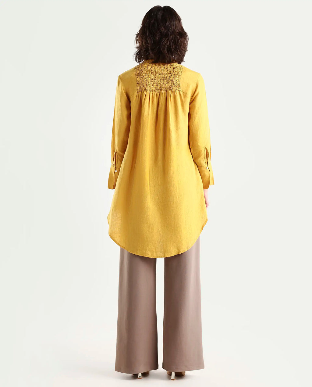 Rareism Women's Comfo Yellow Linen Spread Collar Plain Relaxed Fit Top