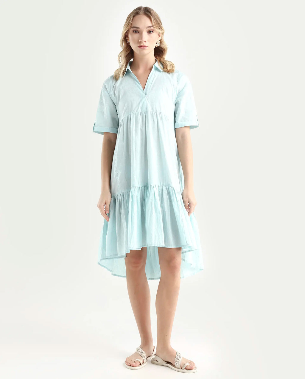 Rareism Women's Loaf Turq Cotton Spread Collar Plain Knee Length Flared Dress