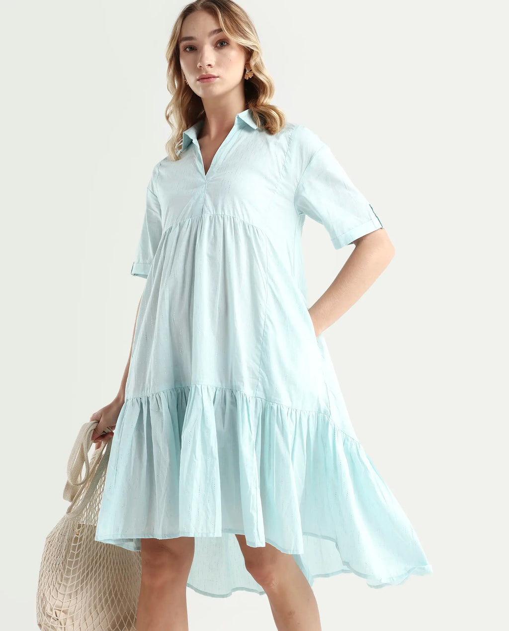 Rareism Women's Loaf Turq Cotton Spread Collar Plain Knee Length Flared Dress