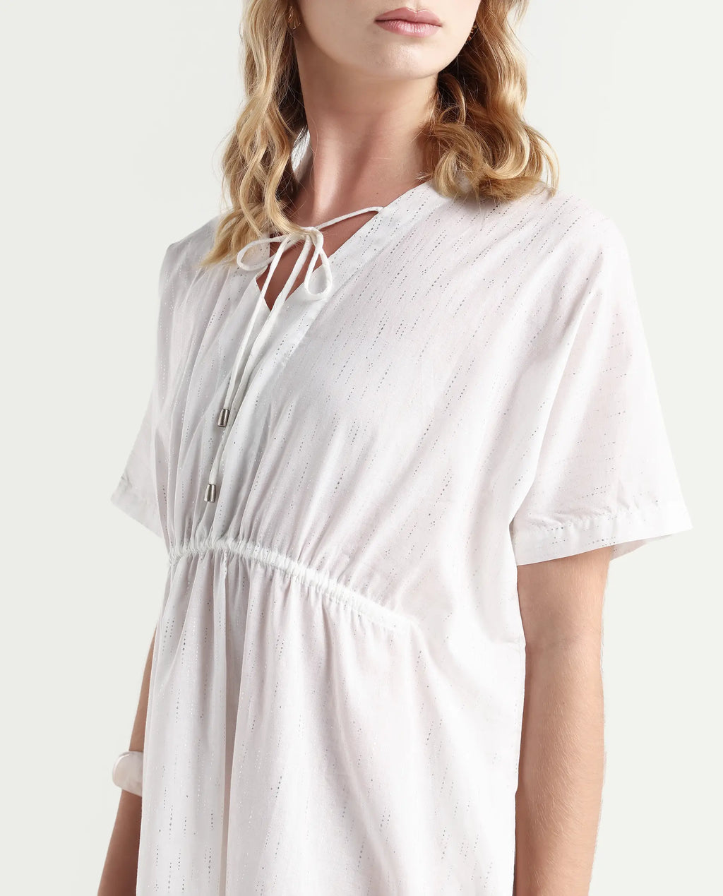 Rareism Women's Shawn White Cotton Tie-Up Neck Plain Extended Sleeves Knee Length Relaxed Fit Dress