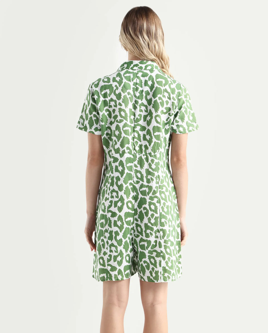 Rareism Women's Cleve White Linen Lapel Neck Abstract Print Relaxed Fit Playsuit