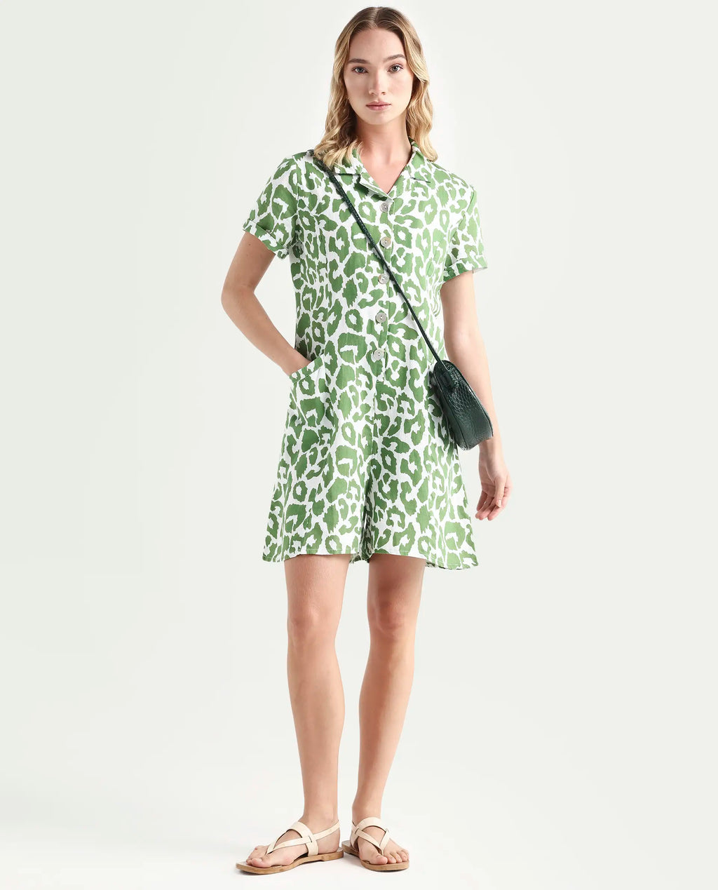 Rareism Women's Cleve White Linen Lapel Neck Abstract Print Relaxed Fit Playsuit