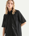 Rareism Women's Flick Black Cotton Spread Collar Plain Regular Fit Top