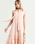 Rareism Women's Gino Peach Polyester Blend Tie-Up Neck Plain Sleeveless Knee Length Regular Fit Dress