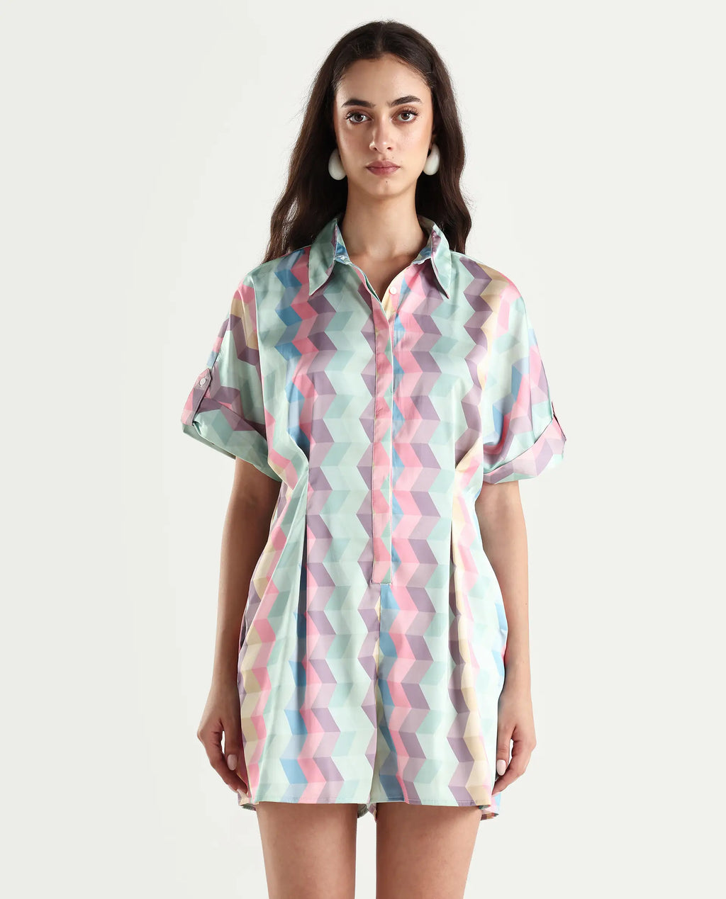 Rareism Women's Pamesan Multi Modal Spread Collar Geometric Print Regular Fit Playsuit