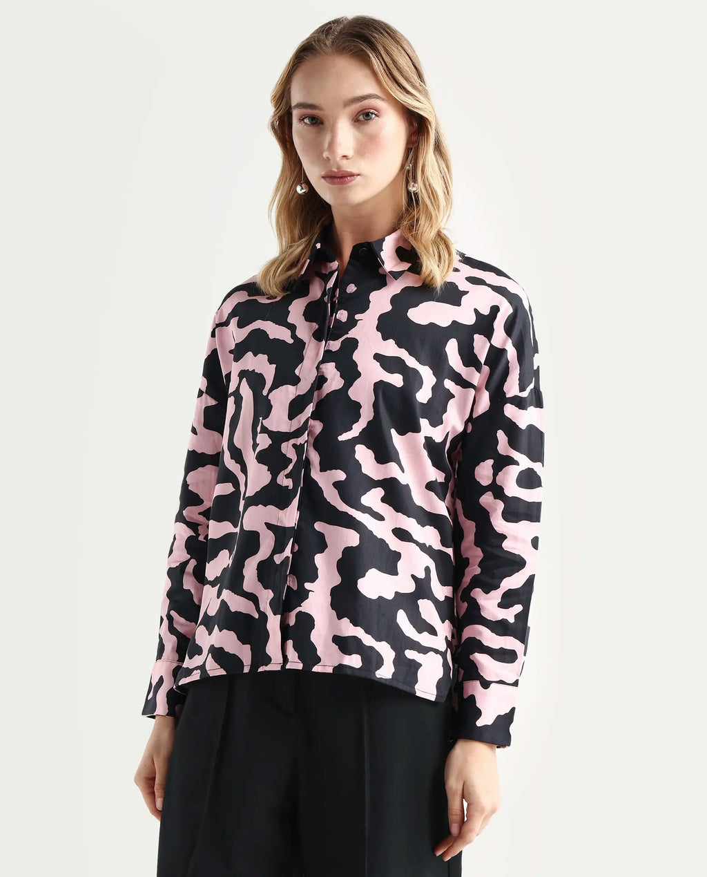 Rareism Women's Revolt Black Cotton Blend Collarless Abstract Print Regular Fit Top