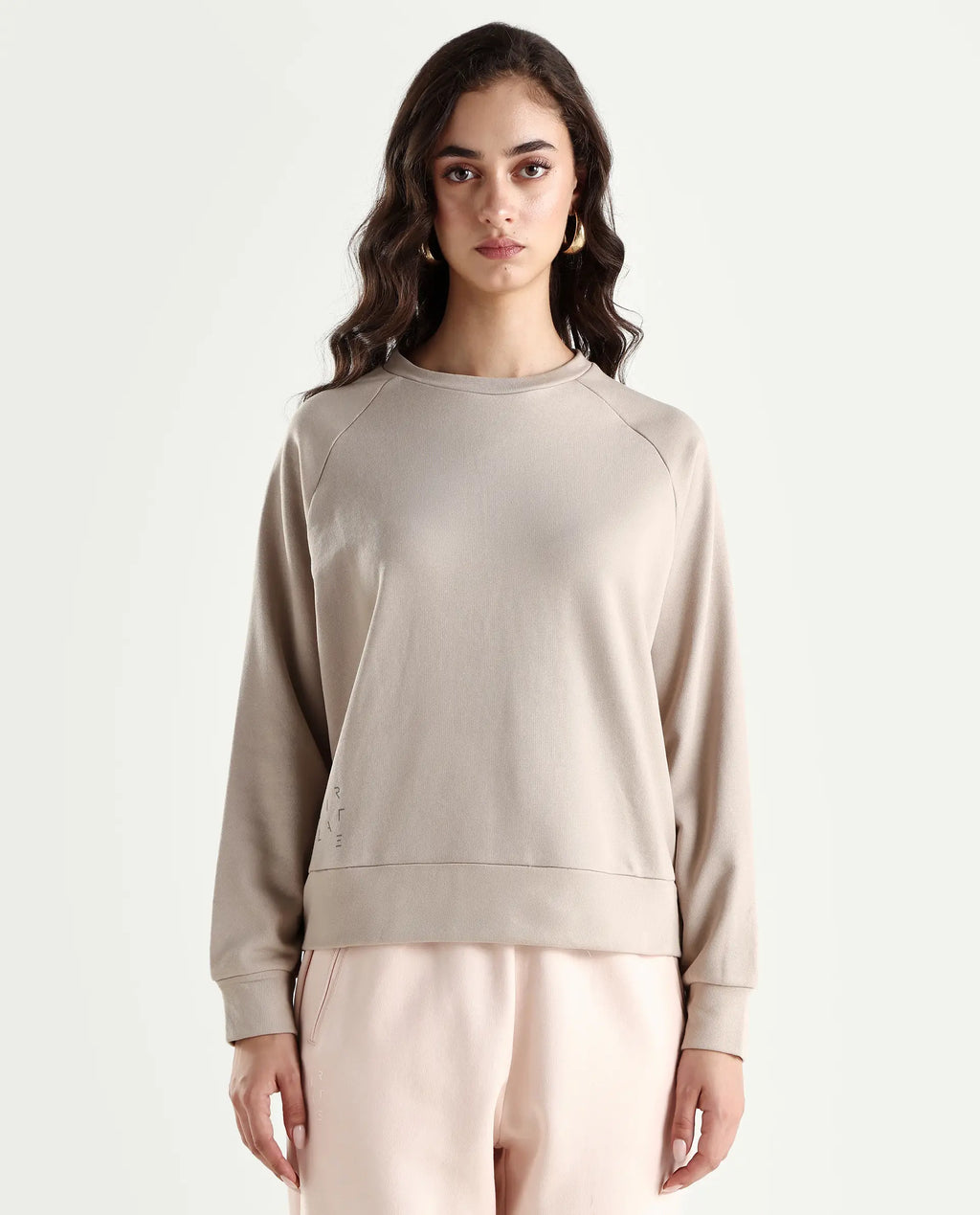 Rareism Women's Medium Weight Terry 290 Gsm Cotton Blend Crew Neck Plain Cuffed Sleeve Relaxed Fit Sweatshirt