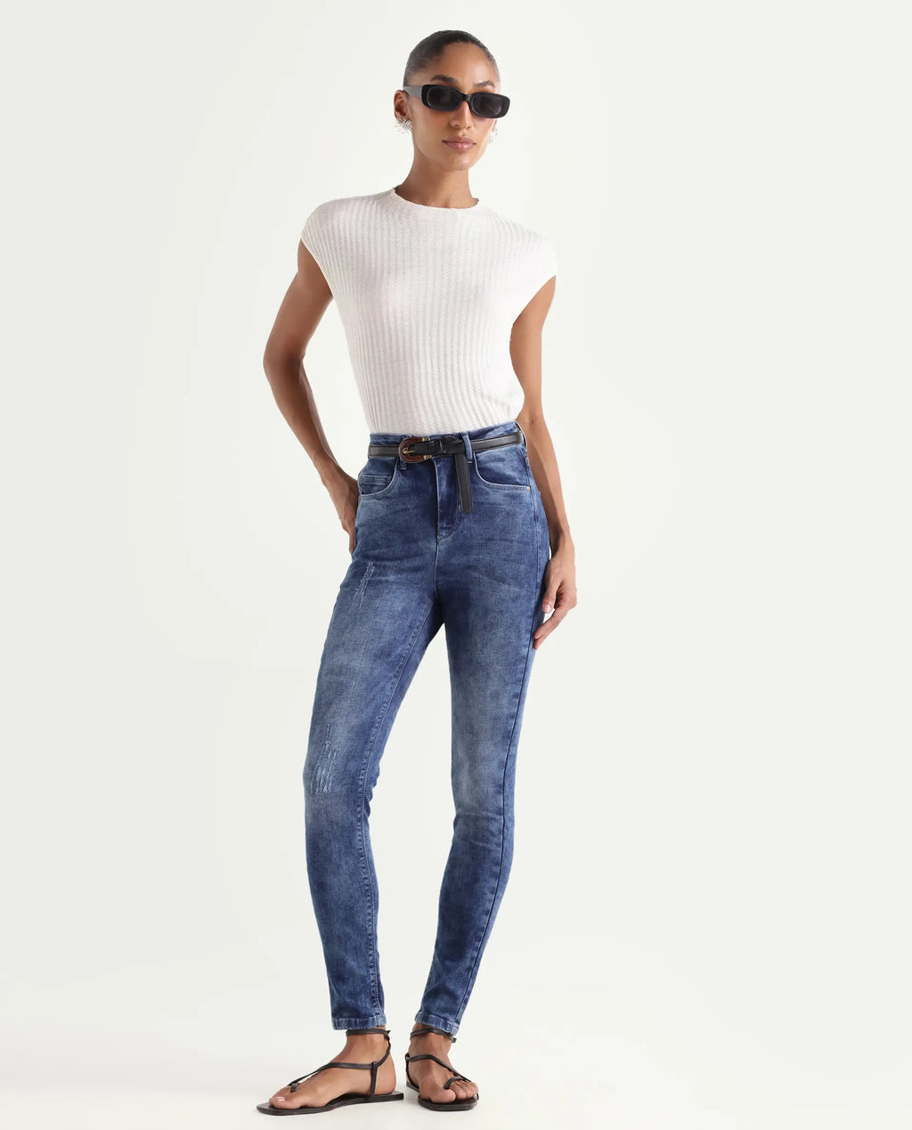Rareism Women's Snowtail Blue Cotton Blend Plain Ankle Length Slim Fit Jeans