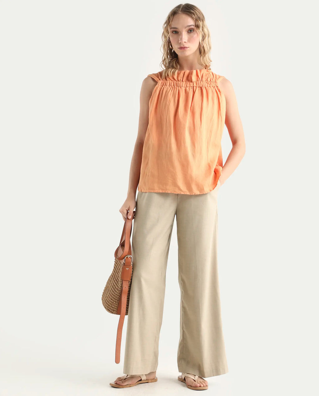 Rareism Women's Flash Orange Linen Sweetheart Neck Plain Sleeveless Knee Length Tailored Top