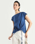 Rareism Women's Vita Blue Linen Boat Neck Plain Extended Sleeves Regular Fit Top