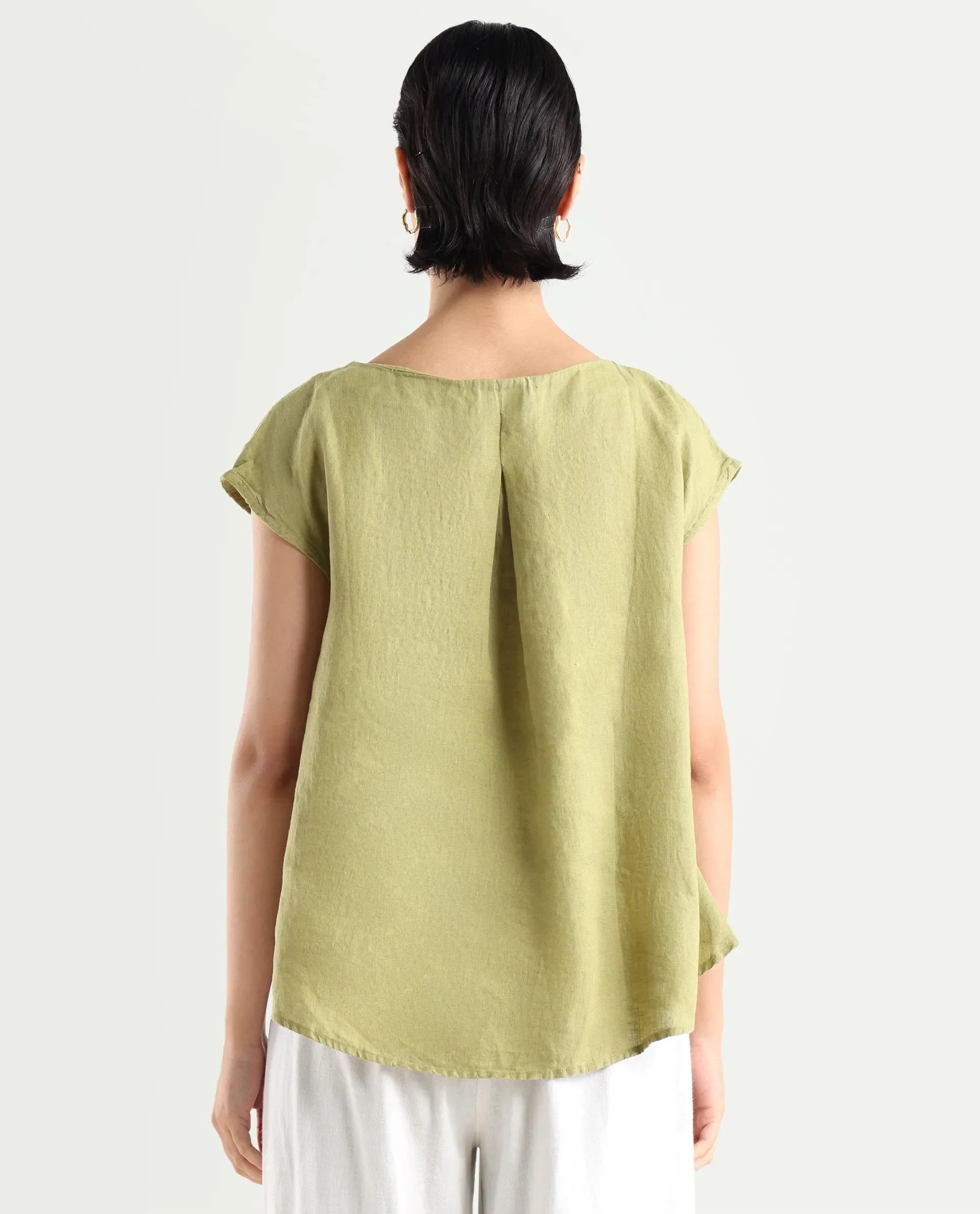 Rareism Women's Vita Green Linen Boat Neck Plain Extended Sleeves Regular Fit Top
