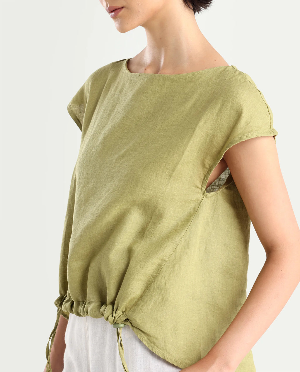 Rareism Women's Vita Green Linen Boat Neck Plain Extended Sleeves Regular Fit Top
