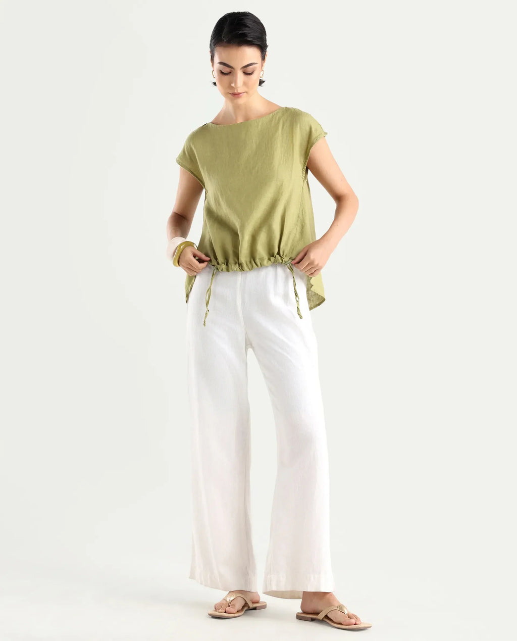 Rareism Women's Vita Green Linen Boat Neck Plain Extended Sleeves Regular Fit Top