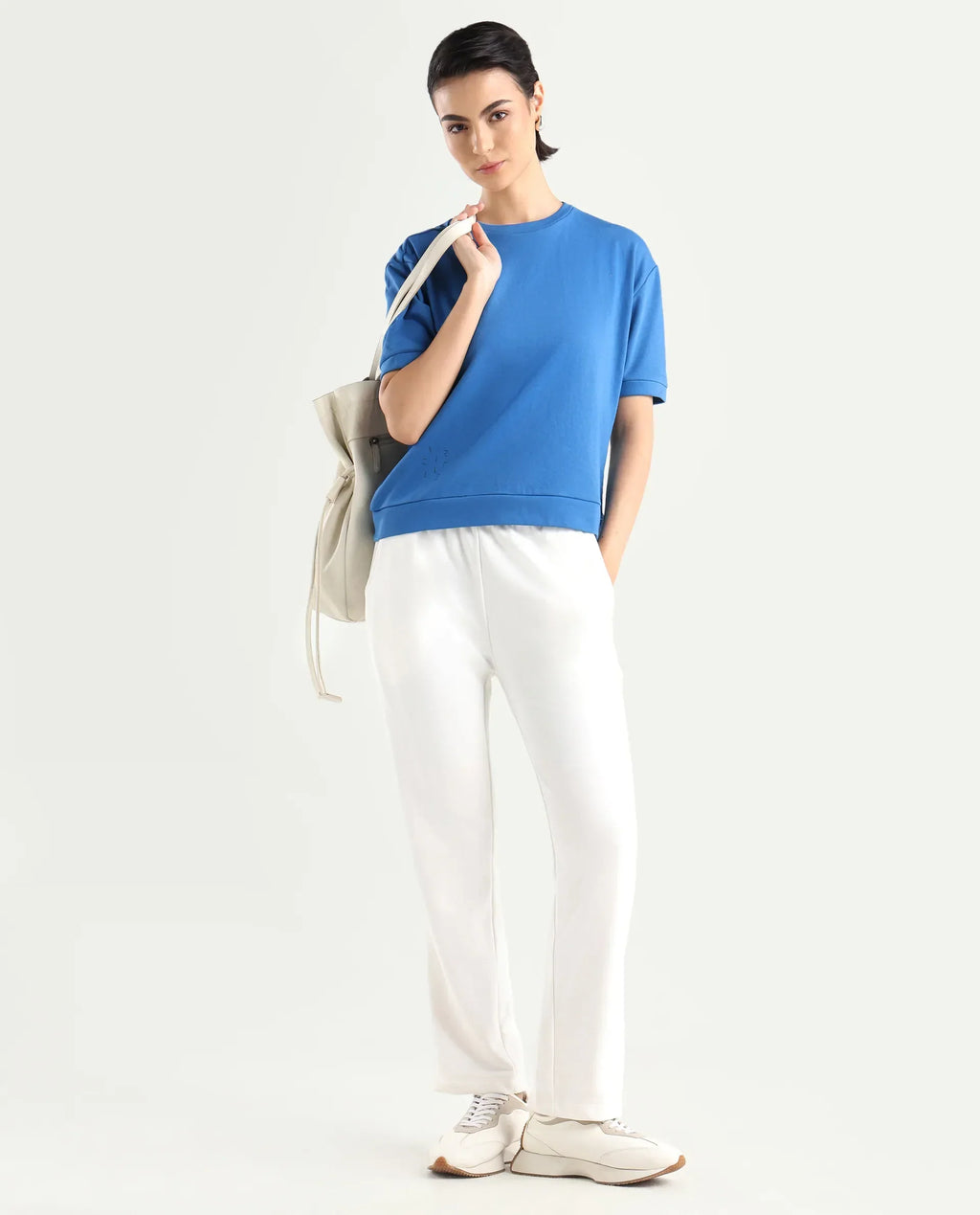 Rareism Women's Medium Weight Terry 290 Gsm Cotton Crew Neck Plain Relaxed Fit Sweat Tee
