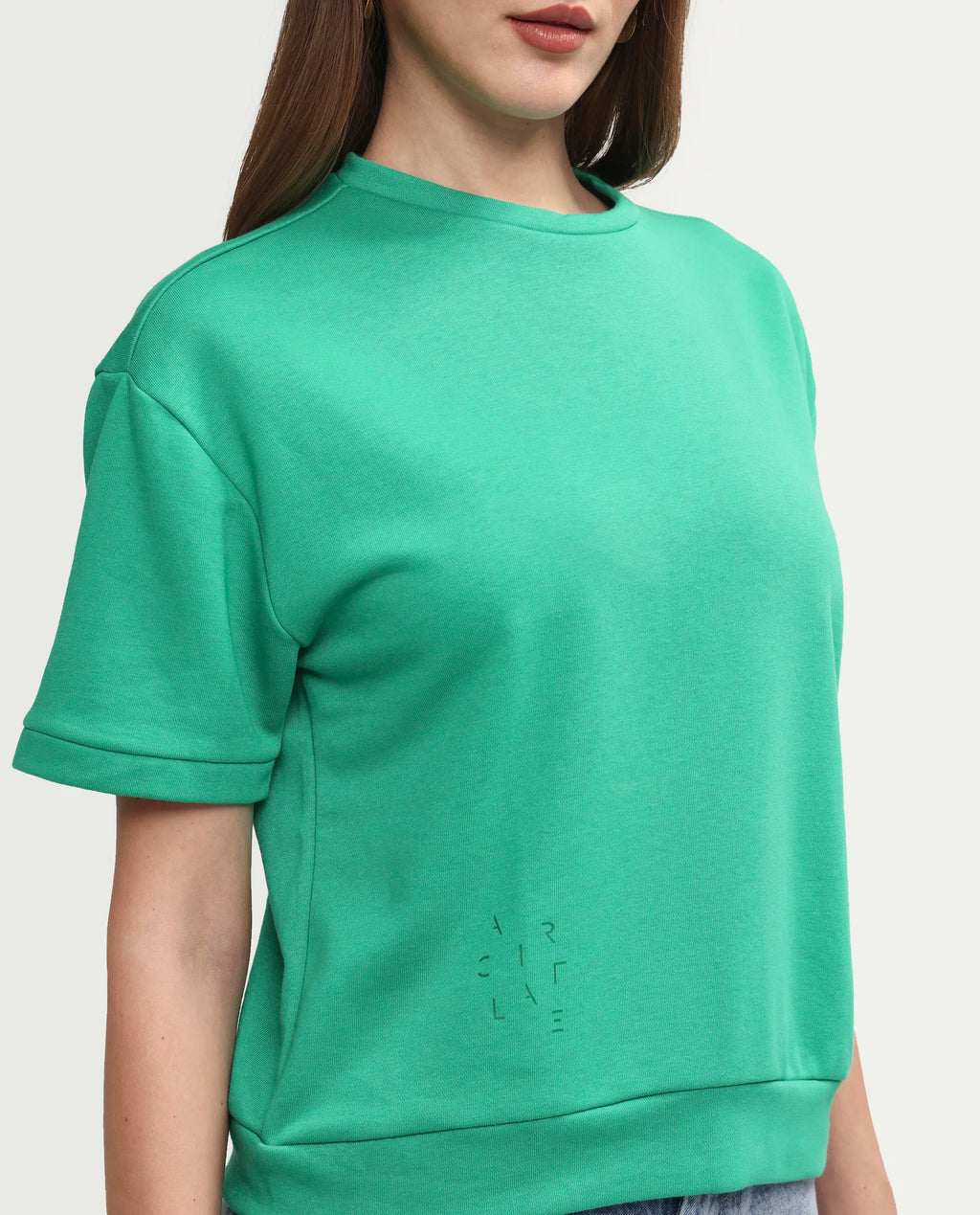 Rareism Women's Medium Weight Terry 290 Gsm Cotton Crew Neck Plain Relaxed Fit Sweat Tee